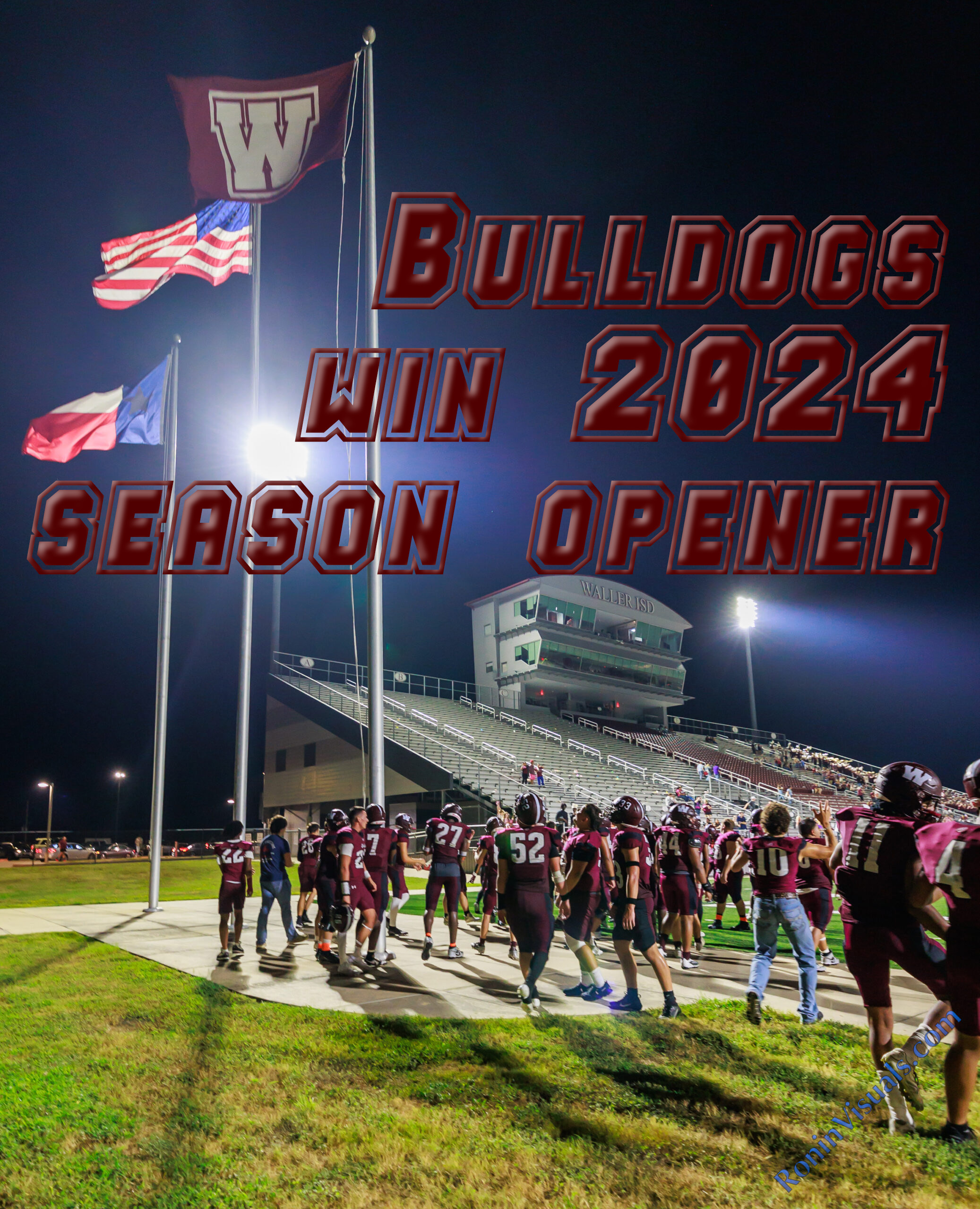 The Waller Bulldog football team defeats Conroe Caney Creek, 41-7, for the Bulldog’s first victory at home since 2021, at Daikin Stadium, Aug. 31, 2024. (Photo by Creighton Holub, courtesy RoninVisuals.com)