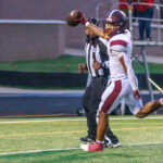 Brandon Stewart (1) scores the Bulldogs' first touchdown of the night on a reception from T.K. Gaines (not pictured). The Waller Bulldog football team slips against Conroe Grand Oaks, 17-14, for the Bulldog’s first loss of the 2024 campaign, at Moorehead Stadium in Conroe, Sept. 5, 2024. (Photo by Creighton Holub, courtesy RoninVisuals.com)